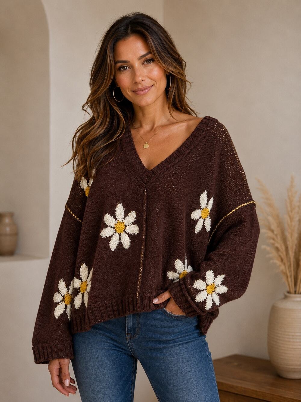 POL Brown Sweater Chenille Floral Oversized Daisy Fairy Boho Women’s Sz Medium